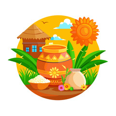Pongal Festival Vector Illustration with Traditional Pot and Sugarcane