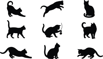 Black cat silhouettes set, feline poses collection, playful pet shapes, animal vector art, cute kitty design, jumping and stretching, cad drawing flat vector illustration