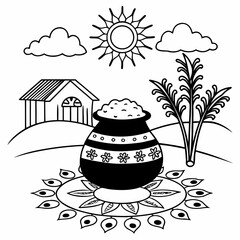 Pongal Festival Vector Illustration with Traditional Pot and Sugarcane