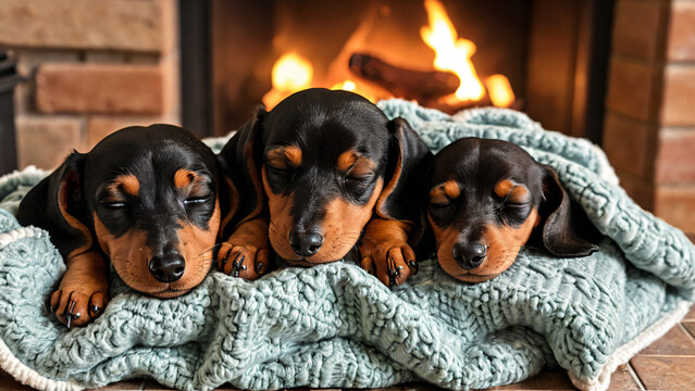 Drei Dackelwelpen kuscheln unter Decke vor warmem Kamin