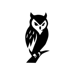 Minimalist black owl silhouette perched on a branch, featuring sharp eyes and clean lines, symbolizing wisdom, vigilance, mystery, and nocturnal intelligence.