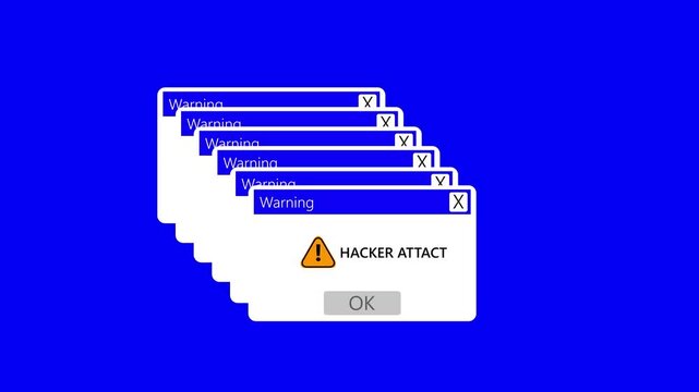 motion animation of a web browser window with hacker attact warning alert on a green background.