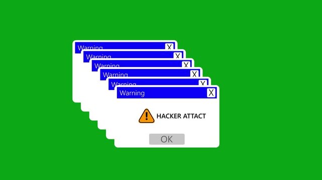 motion animation of a web browser window with hacker attact warning alert on a green background.