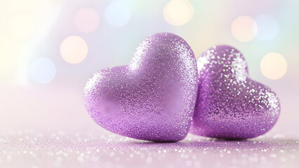 Obraz premium Glittery purple hearts with a soft pastel background for romantic celebration