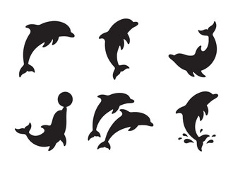 Marine life vector illustration Playful dolphin silhouettes set