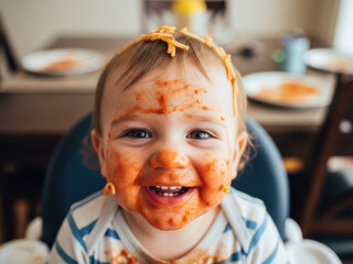 Happy baby covered in spaghetti sauce and noodles, smiling after messy mealtime