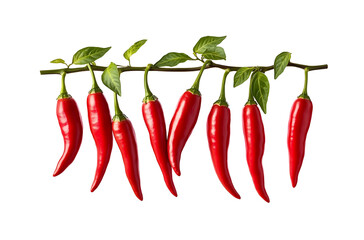 Fresh red chili peppers with large shiny branches hanging down, isolated on a white background.