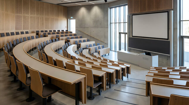 Contemporary and inviting empty lecture hall within a modern university campus, showcasing elegant tiered wooden seating, a large presentation screen, and bright minimalist design
