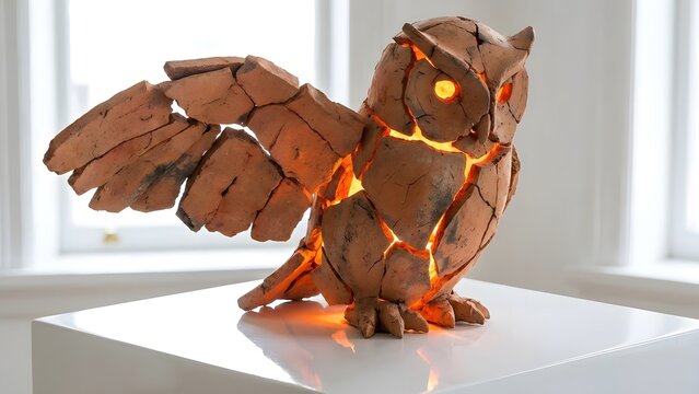 A brown owl sculpture with glowing eyes on a pedestal