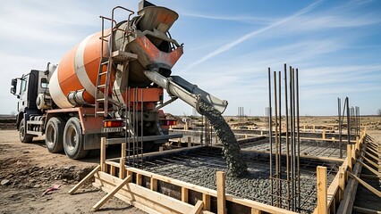 Concrete Mixer Truck Pouring Cement at Construction Site