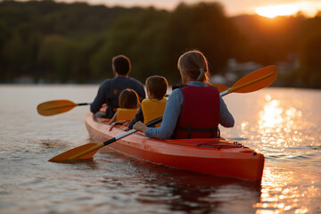 Obraz premium A family of four participates in a peaceful kayaking adventure during sunset, reflecting a strong bond with nature and each other, highlighting adventure and tranquility.