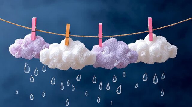 A line of clothespins holding up a line of clouds with raindrops. The clouds are of different colors and sizes, and the raindrops are falling from them