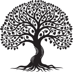 Obraz premium Tree of Life Silhouette – Elegant Black Ornamental Tree with Roots and Leaves on White Background