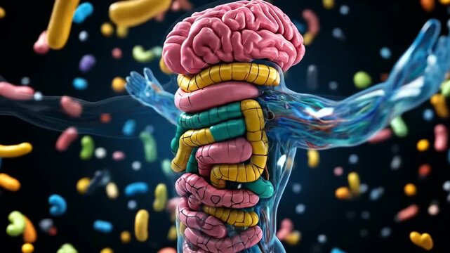 Human Body Anatomy With Colorful Microbes and Bacteria Floating Around.