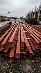 Construction Site with Steel Beams and Building Materials