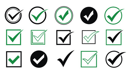A collection of check mark icons in different styles and colors for digital design and user interfaces