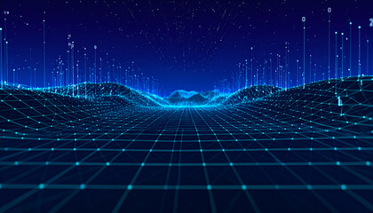 Digital data visualization of a futuristic landscape with grid lines and data streams.