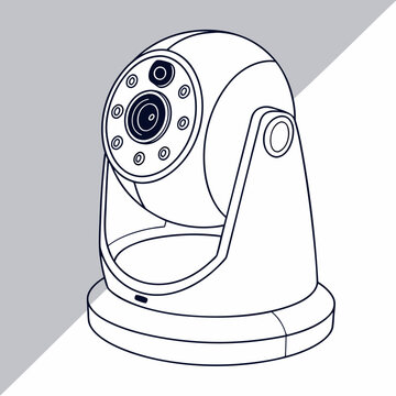 Outline drawing of a modern security surveillance camera, pantiltzoom ptz style, for monitoring and safety systems, black and white line art