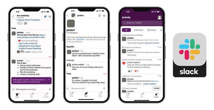 Slack Mobile App UI on iPhone &ndash; Slack Chat Interface, Slack Workspace Messages and Slack Activity Screens
Slack iPhone App Screenshots Showing Slack Messaging, Slack Threads, Slack Notifications and T