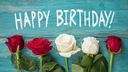 A charming and vibrant, hyper realistic flat lay photograph of happy birthday! written in playful, hand-drawn white script across the top of a rustic, distressed wooden background 