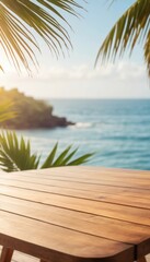 Seaside view with wooden table and palm trees near the coast during daytime Generative AI