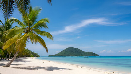 Fototapeta premium Palm Beach In Tropical Idyllic Paradise Island With Palm Tree On Ocean