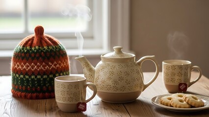 Cozy Tea Set with Knitted Cover and Pastries