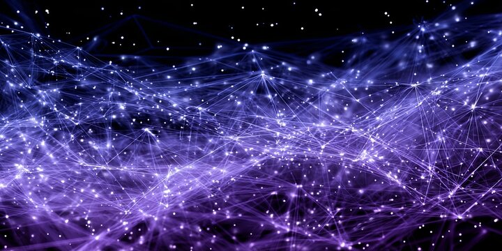Abstract background of interconnected glowing digital data lines forming a massive network, deep blue and purple tones, global communication concept, high energy.