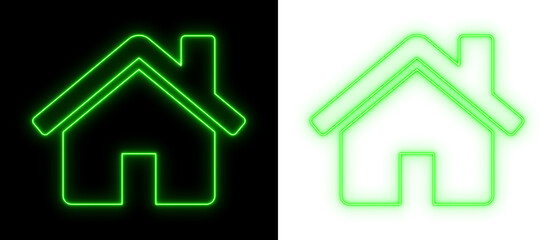 Green neon house icon glowing on black and transparent backgrounds, bright home outline symbol for real estate, property, and UI design