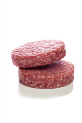 Raw Wagyu Beef Burger Patties, Two Thick Stacked Patties with Fine Marbling on White Background