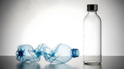Crushed Plastic Bottle Beside Clear Glass Bottle on Table