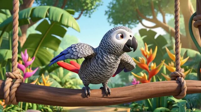 Animated African Grey Parrot on Jungle Swing - A Tropical Birds Paradise.