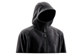 black hoodie with hood up isolated on white background, dark hooded sweatshirt minimal style
