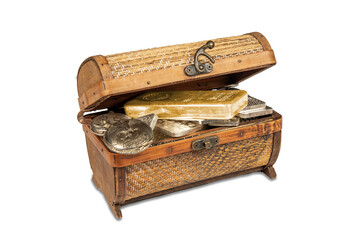 Vintage treasure box filled with gold, silver bars isolated on png