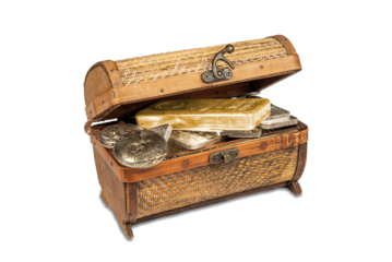 Vintage treasure box filled with gold, silver bars isolated on png