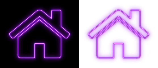 Purple neon house icon glowing on black and transparent backgrounds, bright home outline symbol for real estate, property, and UI design