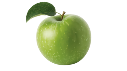 A green apple with a leaf on top. The apple is sitting on a white background. The apple is the main focus of the image