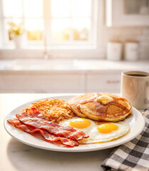 Hearty breakfast plate featuring a stack of pancakes with syrup and butter, crispy bacon, fried eggs, and hash browns on a sunlit kitchen table.