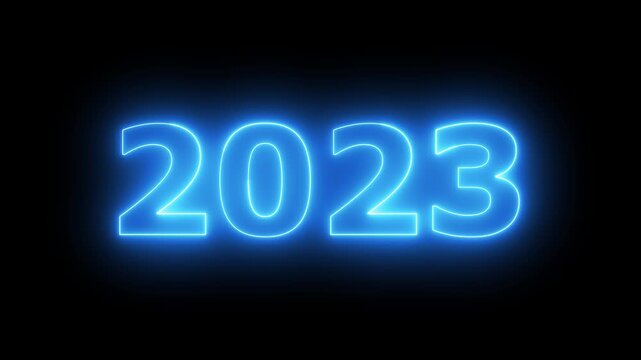 Glowing neon 2023 Happy New Year text with clean neon outlines and subtle. important year, important date 2023. Educational mathematics 2023 animation on background...