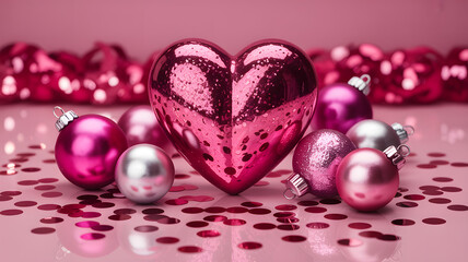 Obraz premium Valentine s day decorations with heart and pearls on pink background with lights