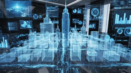Fast aerial drone footage of futuristic holographic cityscape. Blue digital urban landscape with glowing skyscrapers and virtual interfaces. Sci-fi technology and metropolitan visualization concept. - Powered by Adobe