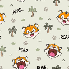 Cute Face Tiger Open Mouth On The Jungle, Seamless Pattern, Vector Cartoon Illustration