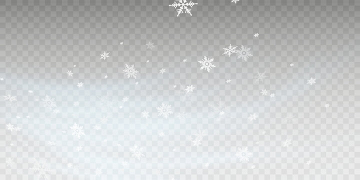 Snowfall sky white transparent wallpaper. Flat snowflakes january vector. Snow hurricane landscape. Set of snow icicles isolated on transparent background. Vector illustration