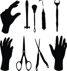 Hands and Surgical Instruments Silhouette Icons tools