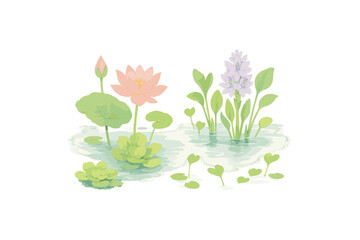 Fototapeta premium Water lilies and hyacinths in tranquil pond illustration