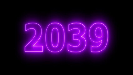 Glowing neon 2039 Happy New Year text with clean neon outlines and subtle. important year, important date 2039. Educational mathematics 2039 animation on background...