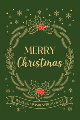 Merry Christmas Card With Gold Wreath And Festive Holly On Green Background