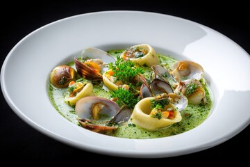 Mezzelune Stuffed with Olives and Capers, Paired with a Seafood Soup Delight for an Epicurean Dinner Experience