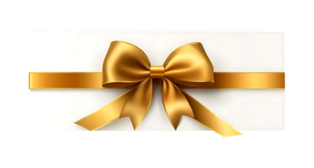 White gift voucher with gold ribbon and bow, Elegant white gift voucher featuring a gold ribbon and bow, isolated on transparent background 
