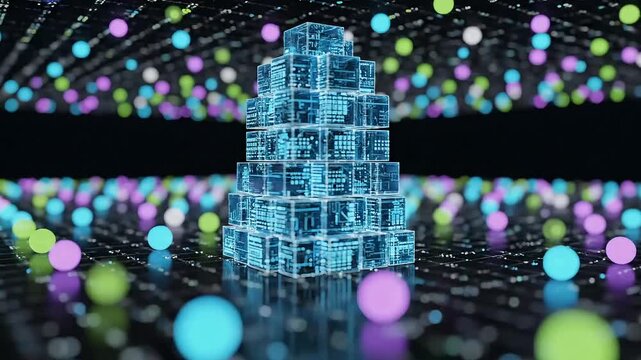 Digital data cubes forming a pyramid on a grid of glowing spheres in a dark technological space